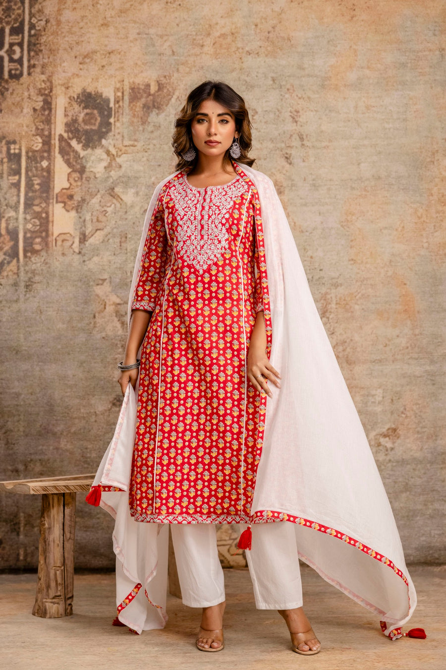 Elegant Pure Cotton Dupatta Set with Embroidered Yoke & Dupatta - Red | Aaronee