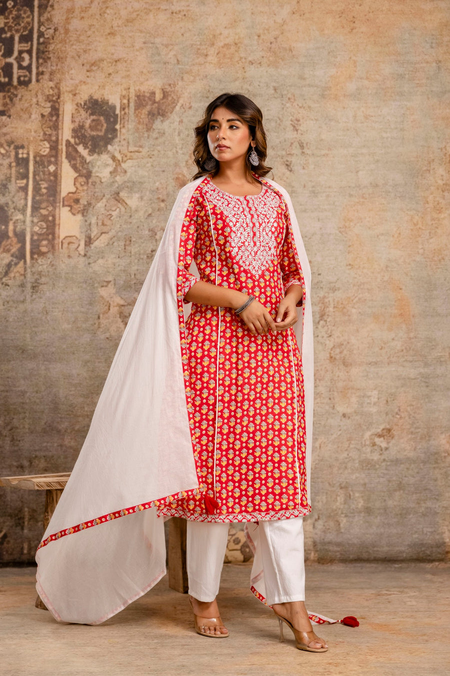 Elegant Pure Cotton Dupatta Set with Embroidered Yoke & Dupatta - Red | Aaronee
