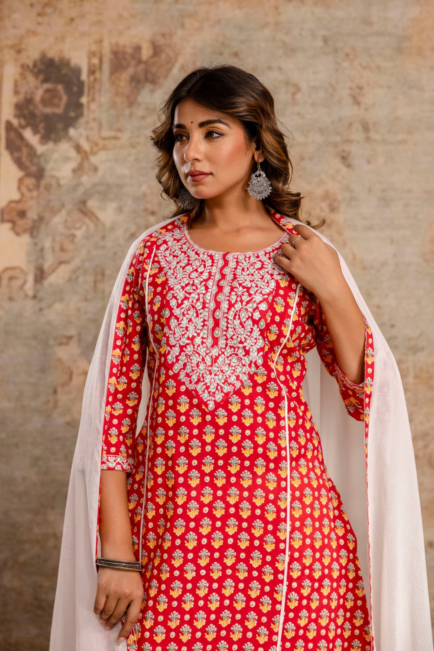 Elegant Pure Cotton Dupatta Set with Embroidered Yoke & Dupatta - Red | Aaronee
