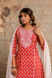 Elegant Pure Cotton Dupatta Set with Embroidered Yoke & Dupatta - Red | Aaronee