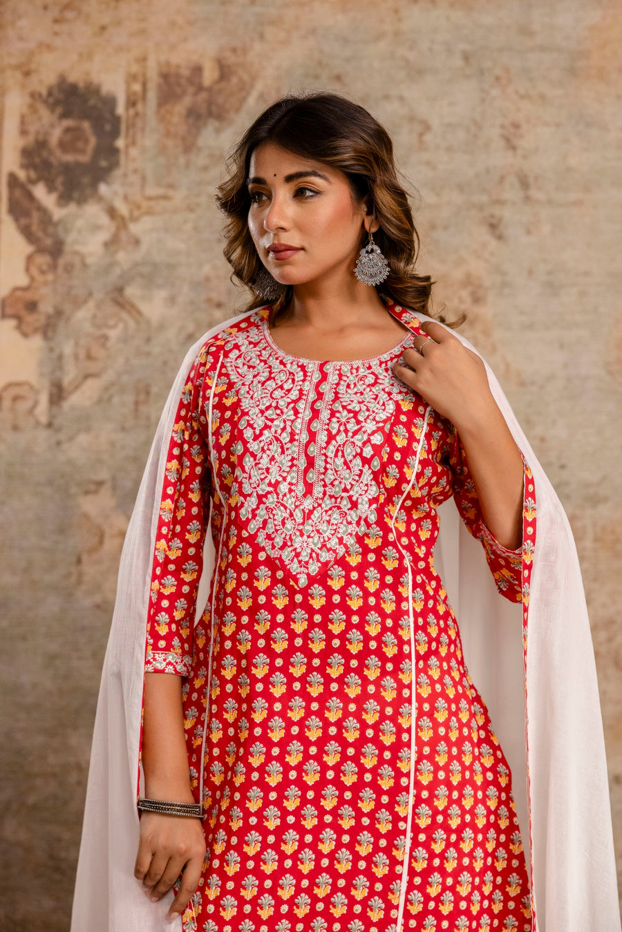 Elegant Pure Cotton Dupatta Set with Embroidered Yoke & Dupatta - Red | Aaronee