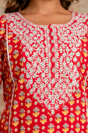Elegant Pure Cotton Dupatta Set with Embroidered Yoke & Dupatta - Red | Aaronee