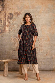 Aaronee black Ikat print pure cotton kurta pant set