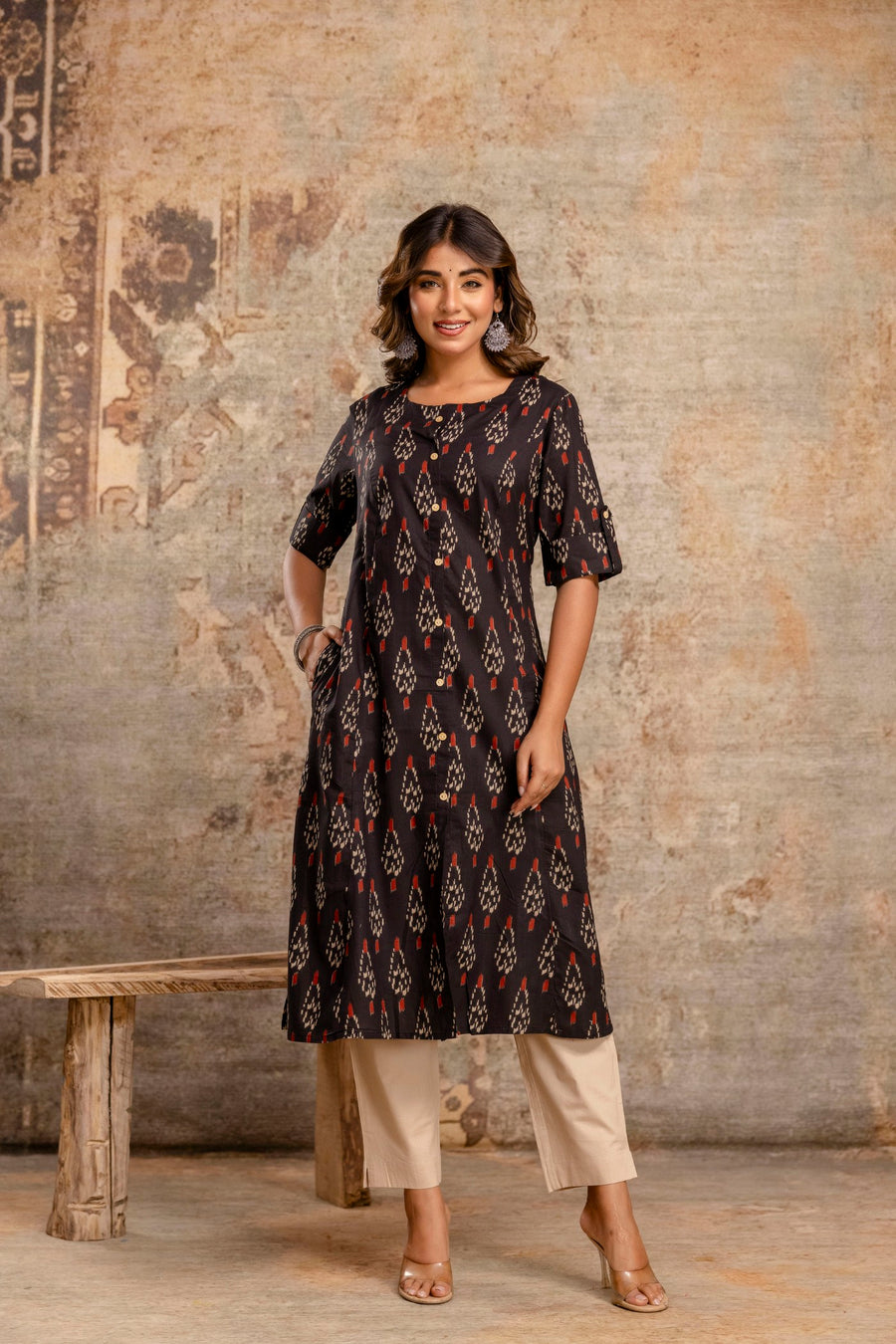 Aaronee black Ikat print pure cotton kurta pant set