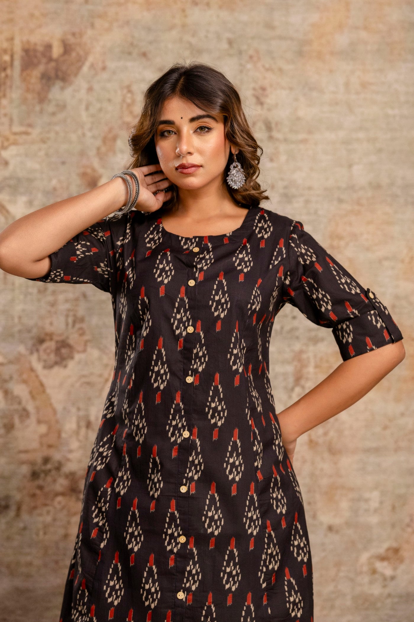 Ethnic wear kurti for women in black with cream pants