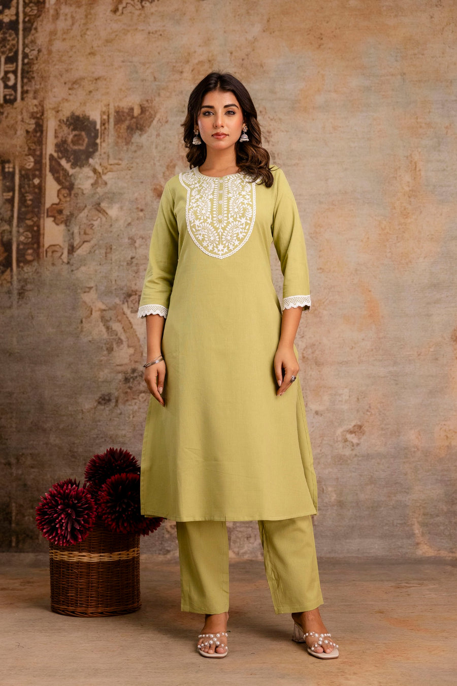 Elegant Embroidered Yoke Cotton Dupatta Set – Light Green | Aaronee