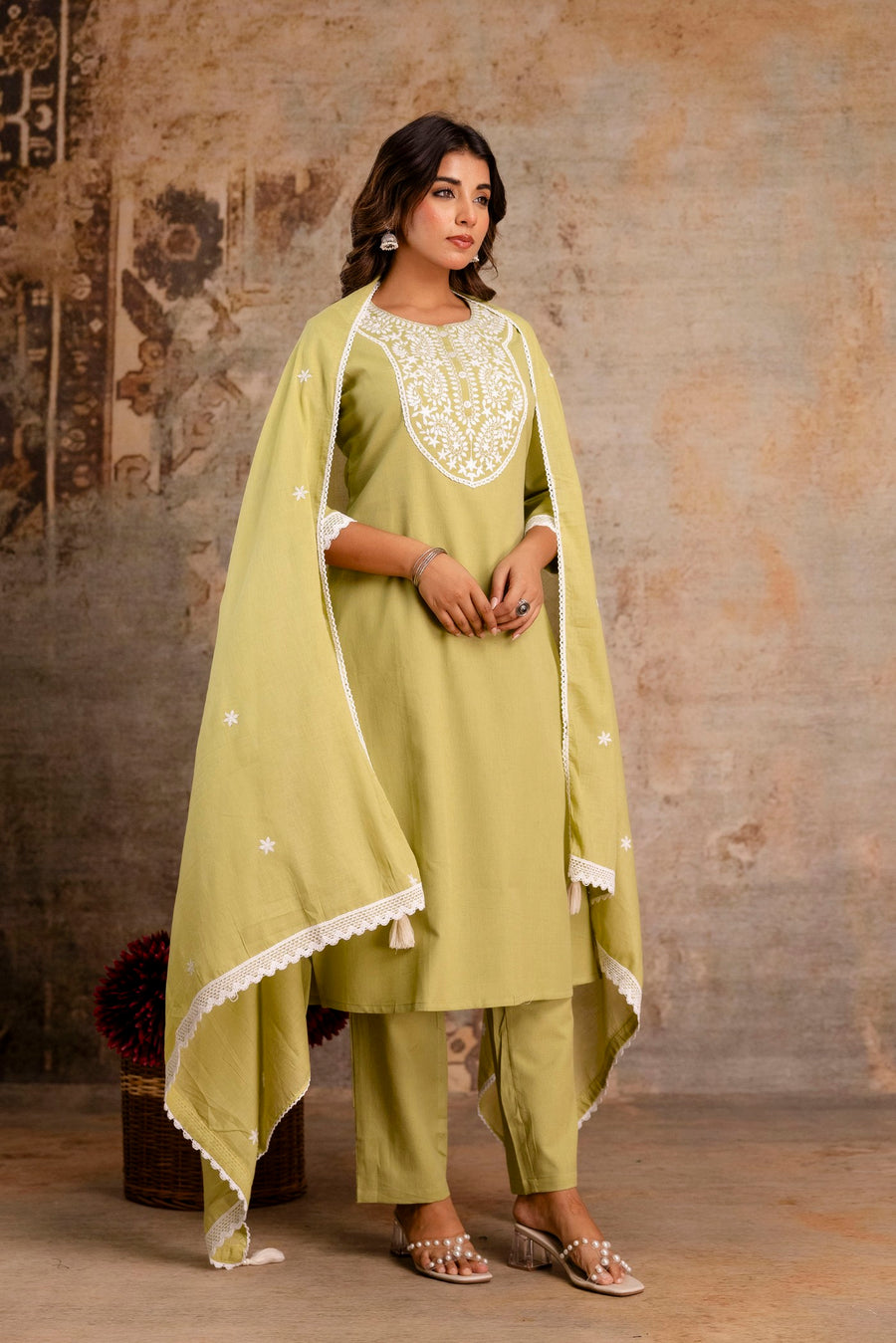 Elegant Embroidered Yoke Cotton Dupatta Set – Light Green | Aaronee