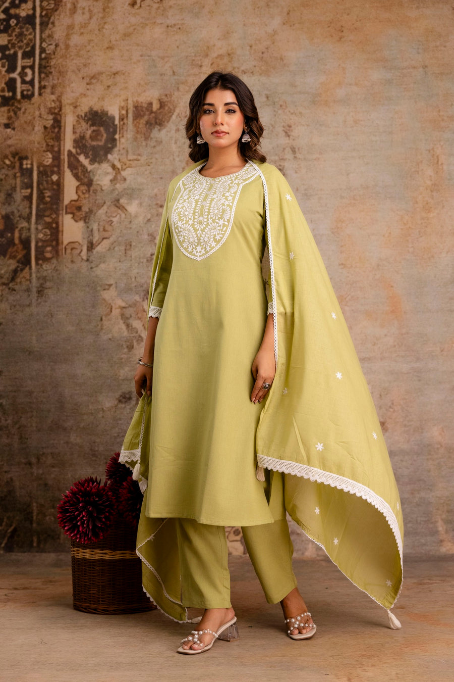 Elegant Embroidered Yoke Cotton Dupatta Set – Light Green | Aaronee