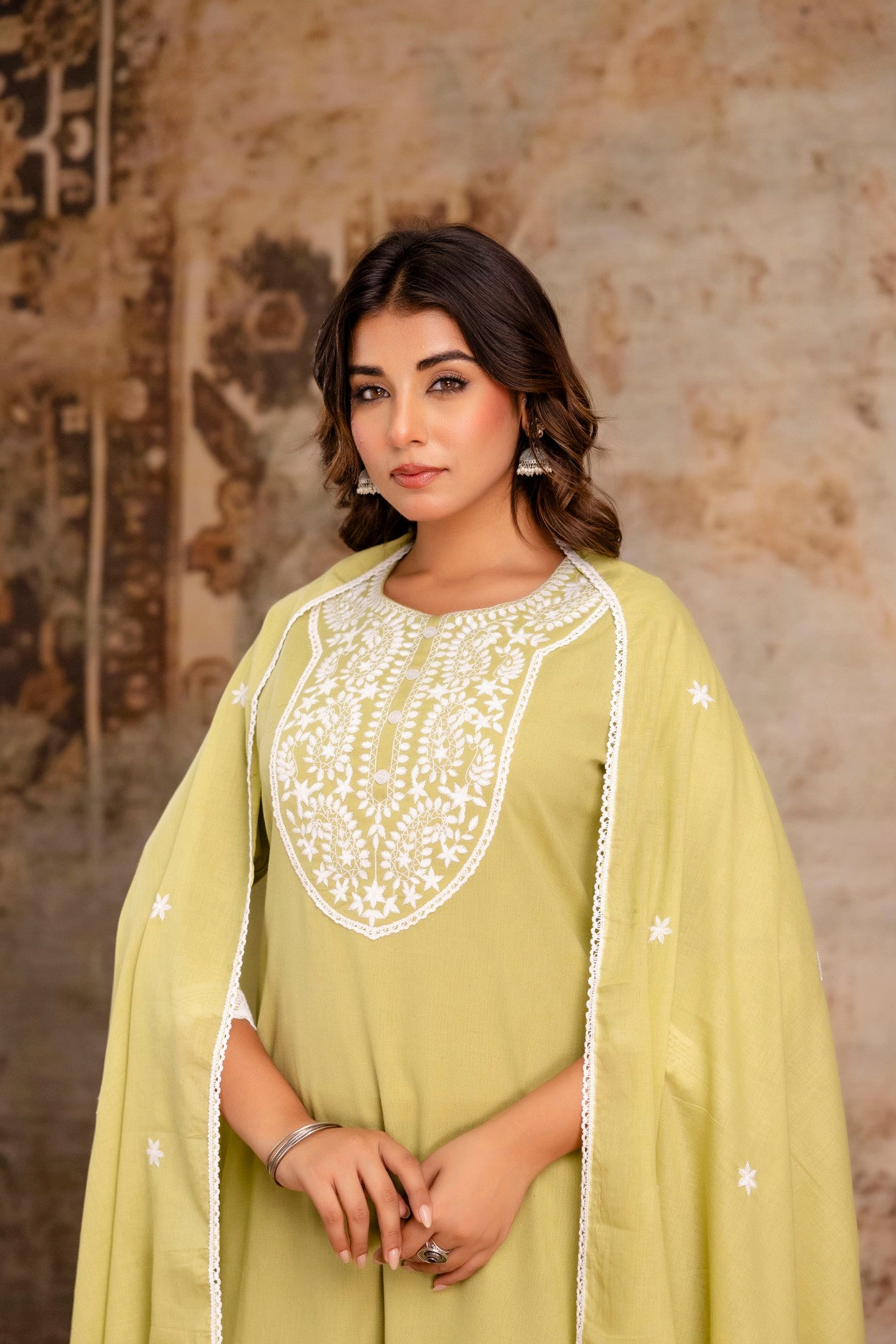 Elegant Embroidered Yoke Cotton Dupatta Set – Light Green | Aaronee
