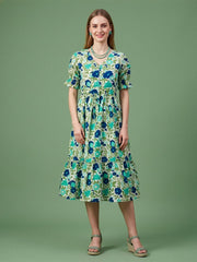 Blue floral cotton midi dress with V-neck