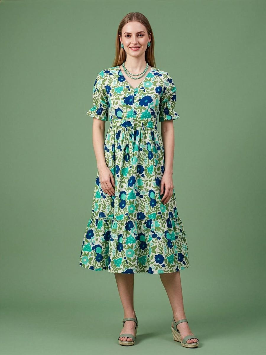 Blue floral cotton midi dress with V-neck