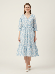 Light blue botanical print casual midi dress