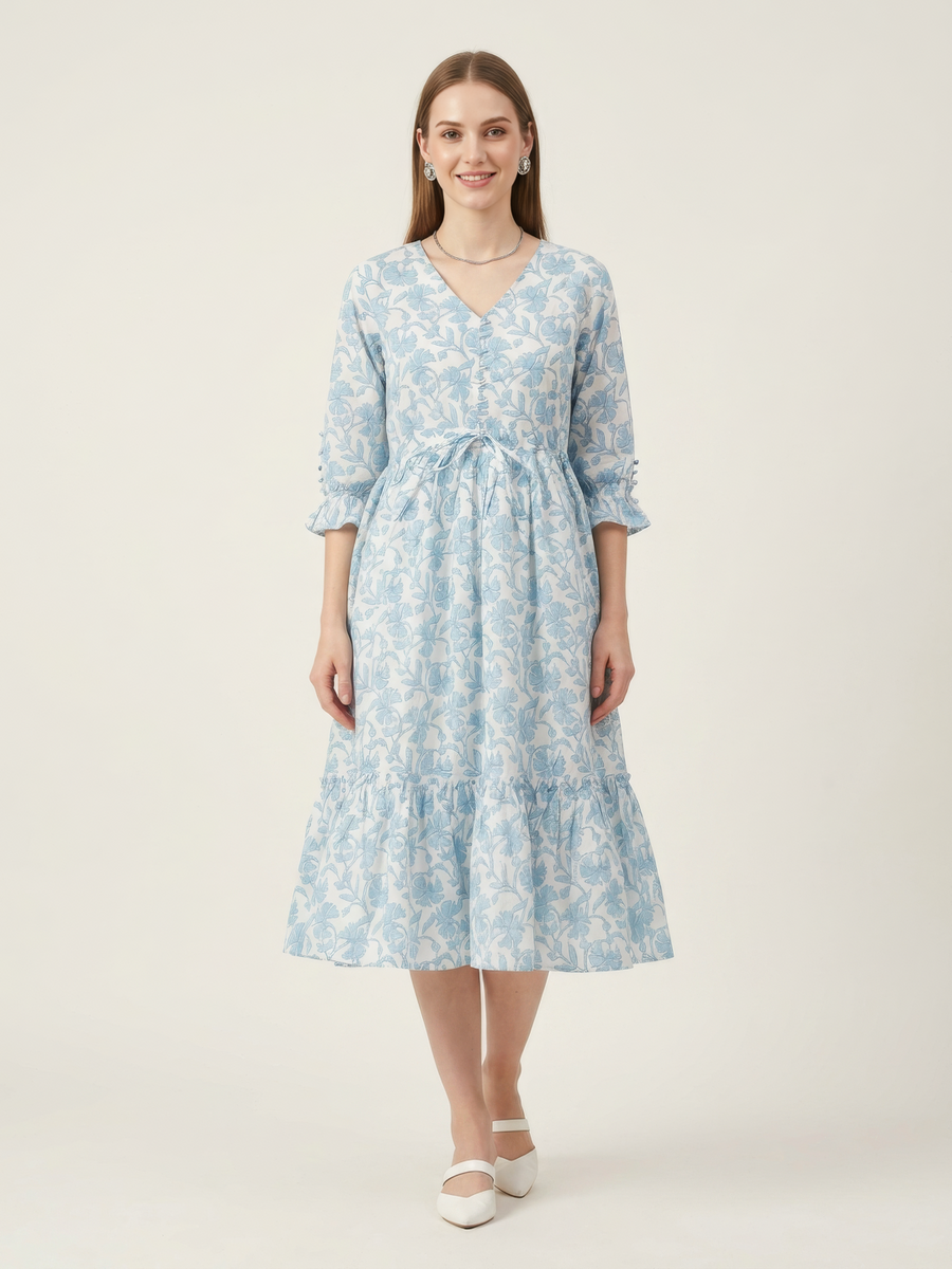 Light blue botanical print casual midi dress