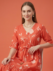Aaronee orange floral printed cotton midi dress for women