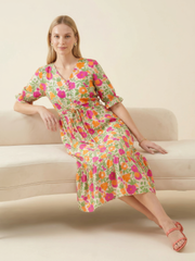 Half sleeve tiered floral cotton midi dress