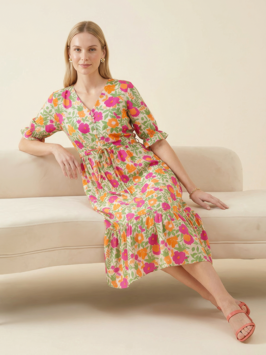Half sleeve tiered floral cotton midi dress