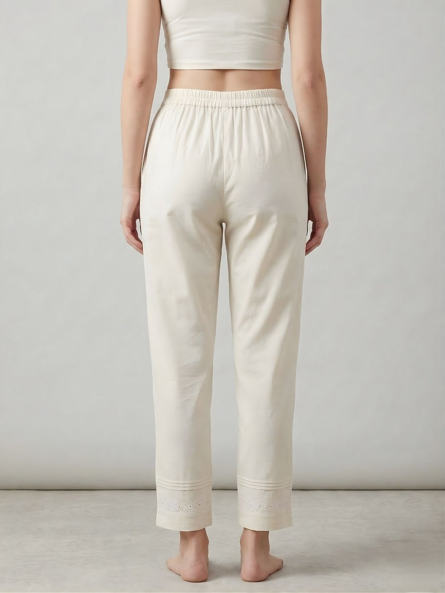 Cotton Beige Lace Detail Straight Pants for Women - AARONEE