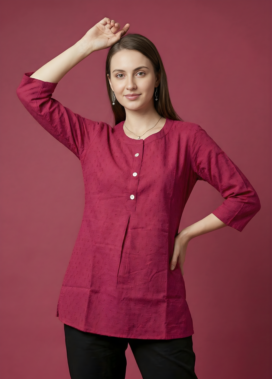 Aaronee Maroon Pure Cotton Embossed Panel Top for Women