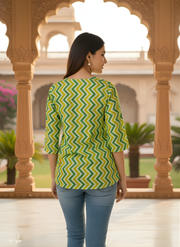 Aaronee Pure Cotton Zigzag Printed Casual Top for Women – Green & Yellow