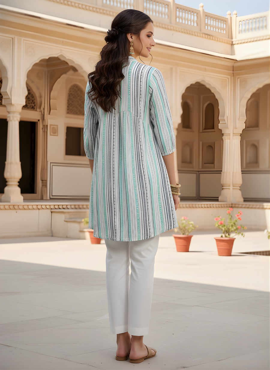 Aaronee Minimal White Mint Cotton Short Kurti