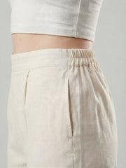 Cotton Beige Lace Detail Straight Pants for Women - AARONEE