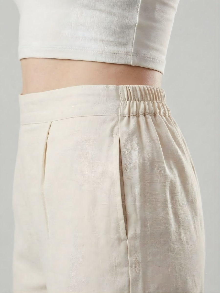Cotton Beige Lace Detail Straight Pants for Women - AARONEE