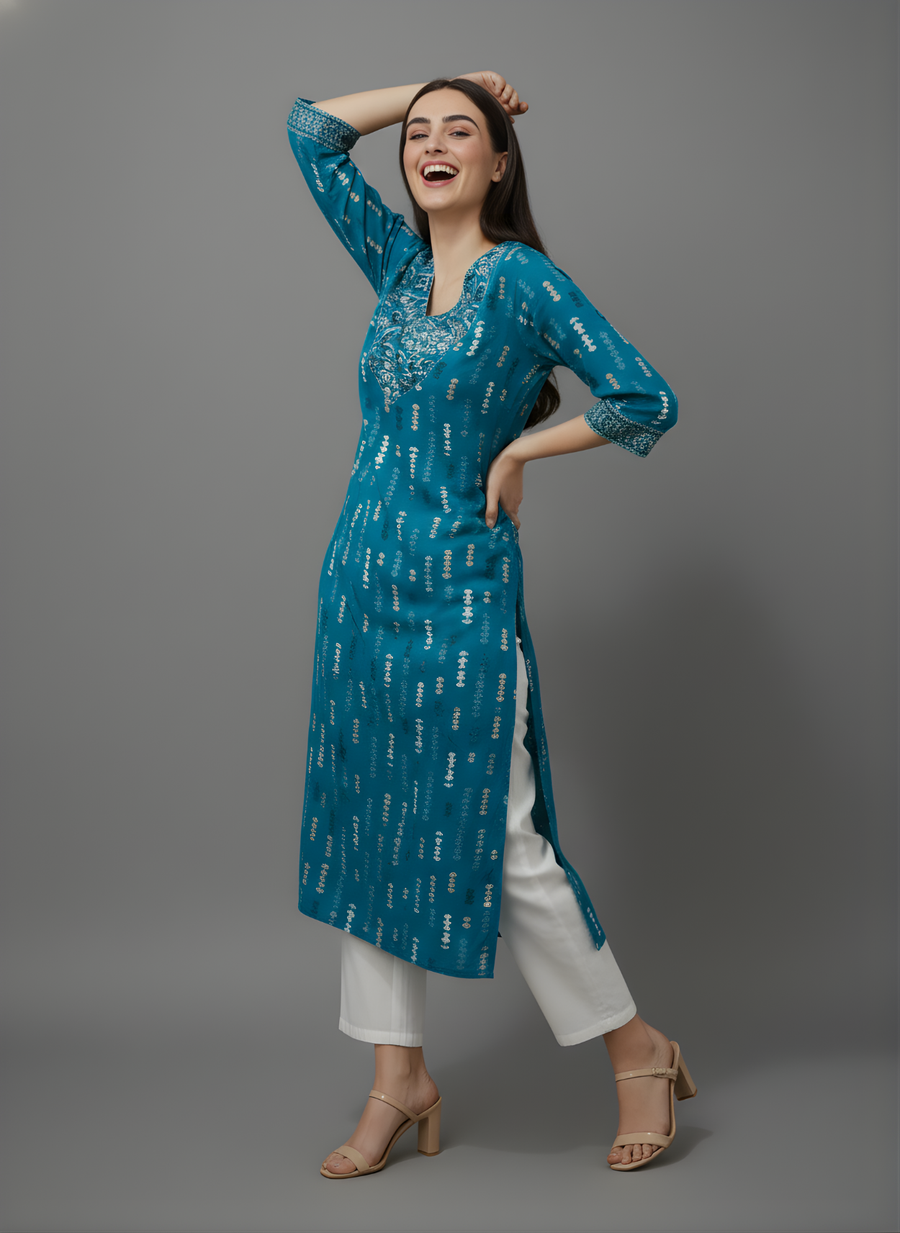 Stylish Teal Printed Cotton Kurta with 3/4 Sleeves