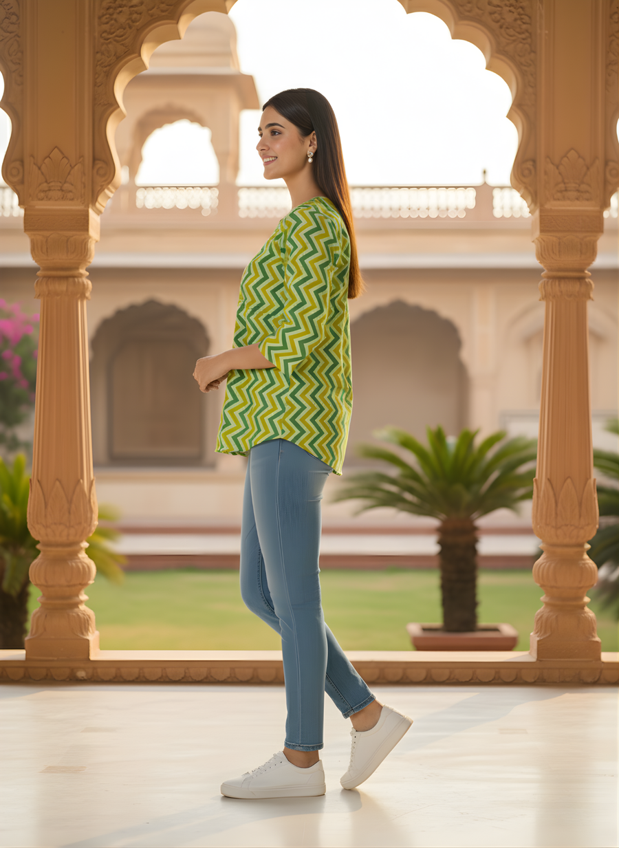 Aaronee Pure Cotton Zigzag Printed Casual Top for Women – Green & Yellow