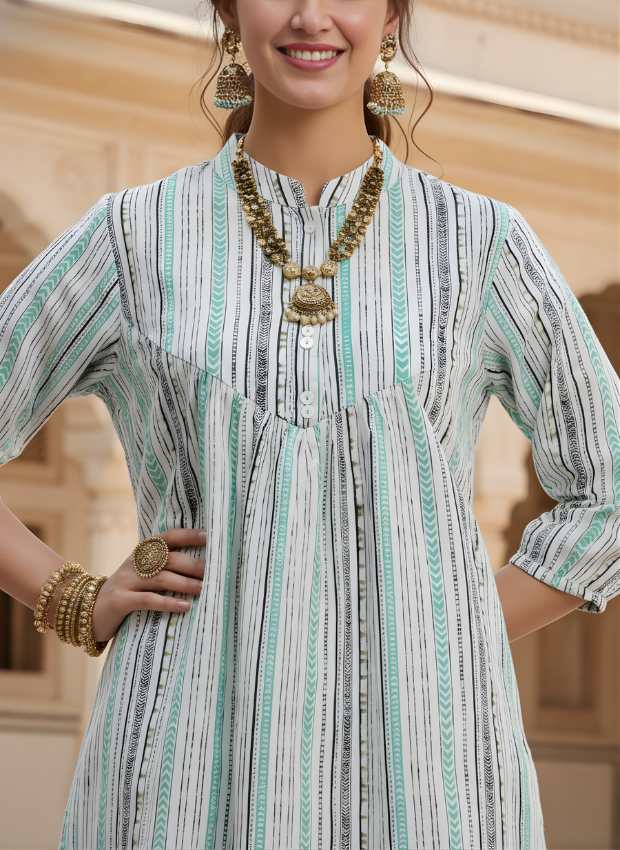 Aaronee Minimal White Mint Cotton Short Kurti