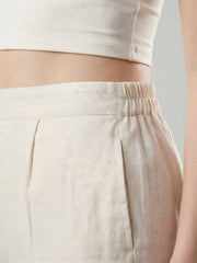 Cotton Beige Lace Detail Straight Pants for Women - AARONEE