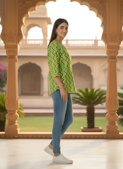 Aaronee Pure Cotton Zigzag Printed Casual Top for Women – Green & Yellow