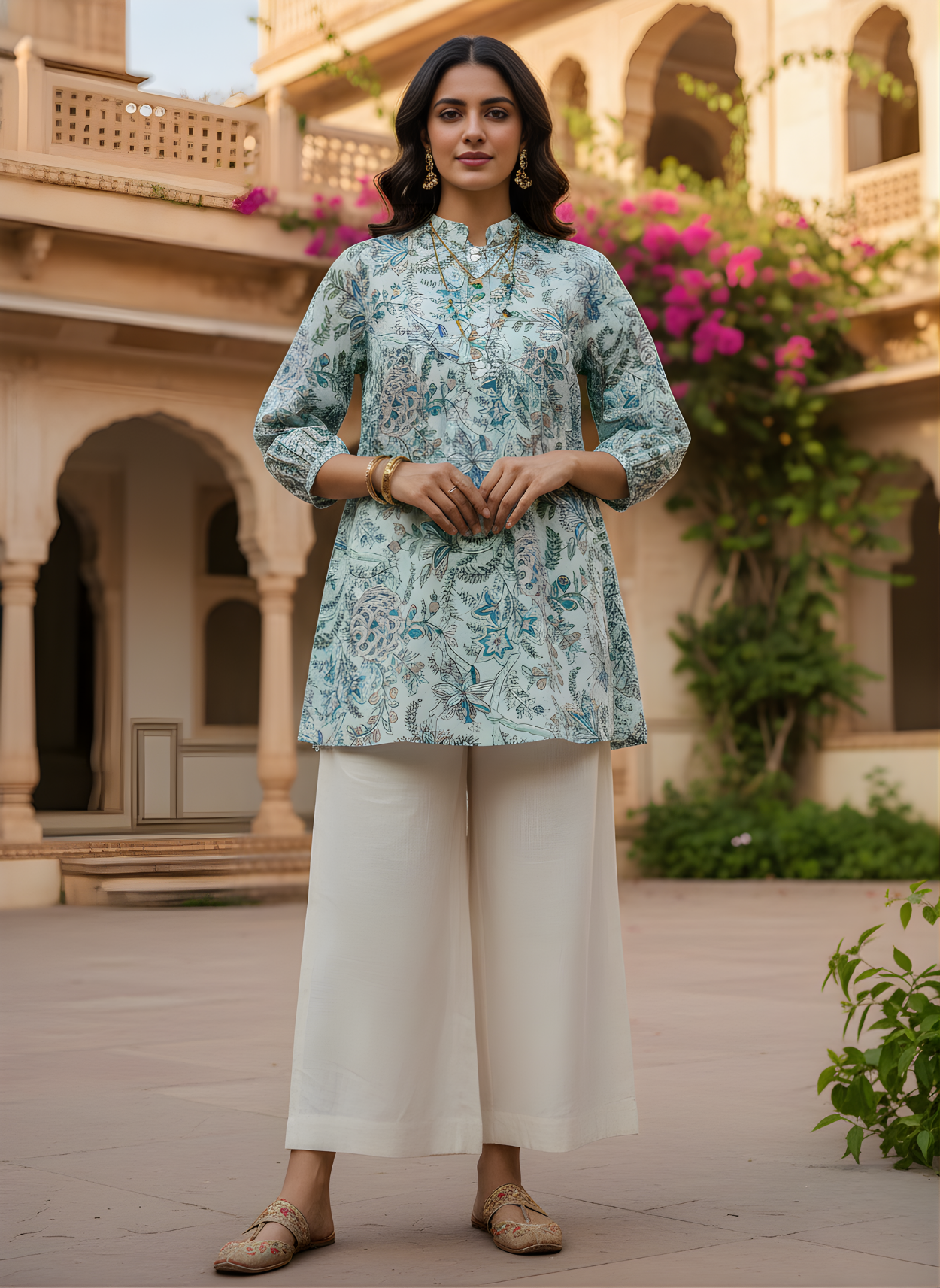 Aaronee Mint Blue Pure Cotton Floral Printed Short Kurti Top