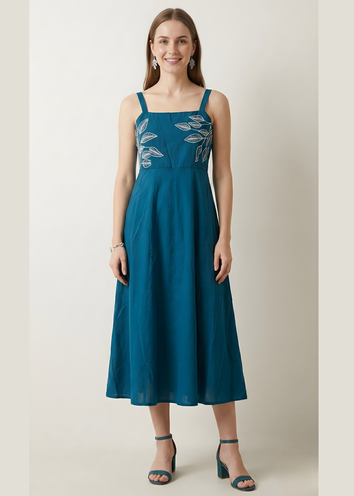 Aaronee teal embroidered cotton midi dress