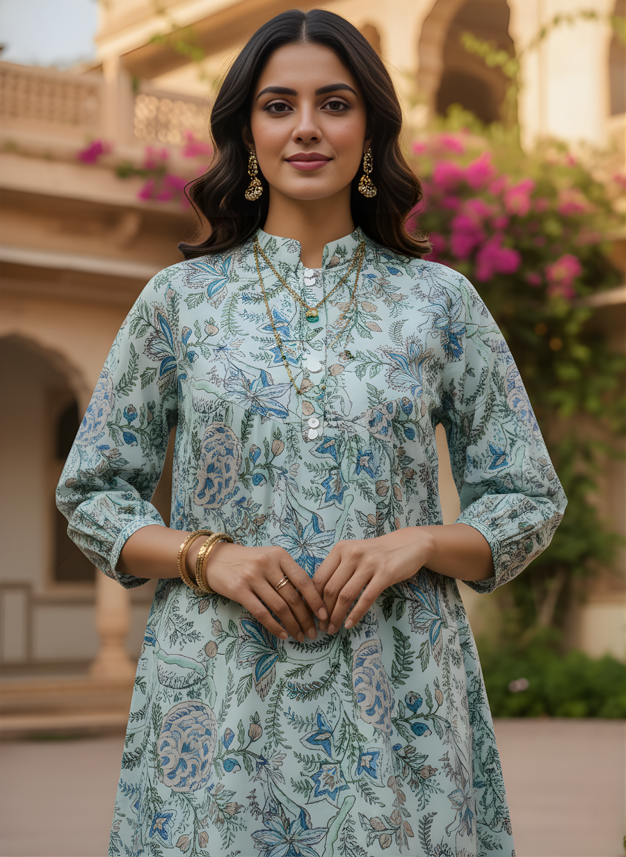 Aaronee Women’s Mint Blue Floral Cotton Top