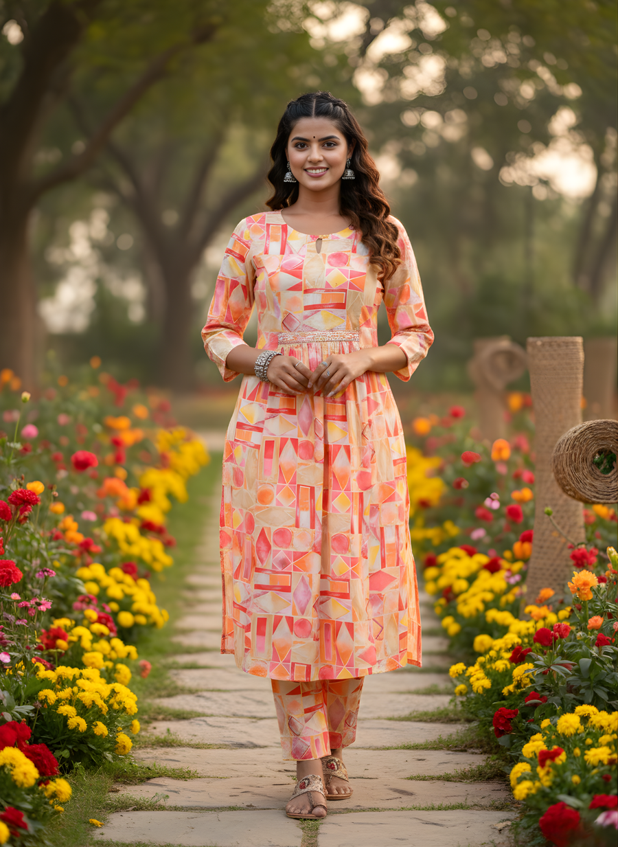Abstract Print Kurti Set for Women
