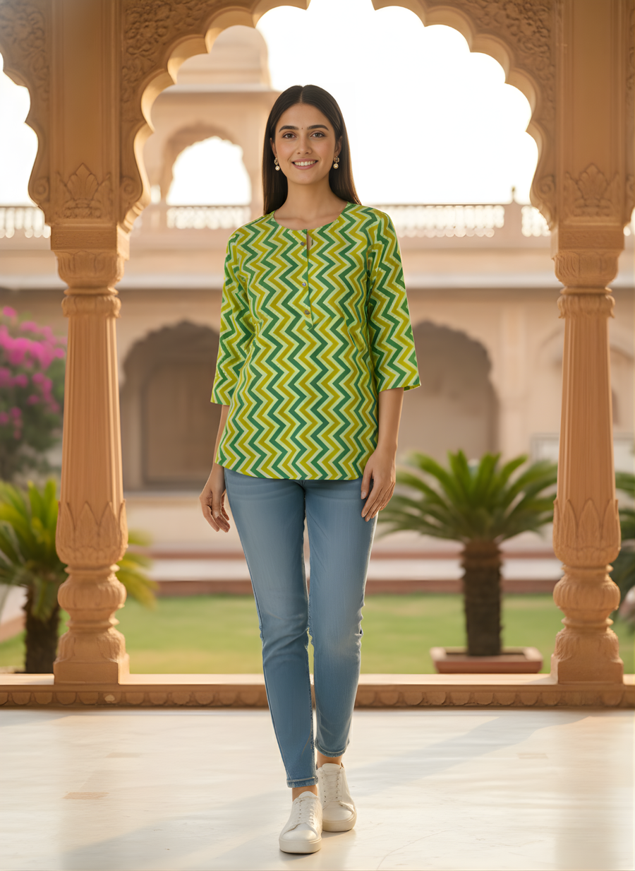 Aaronee Pure Cotton Zigzag Printed Casual Top for Women – Green & Yellow