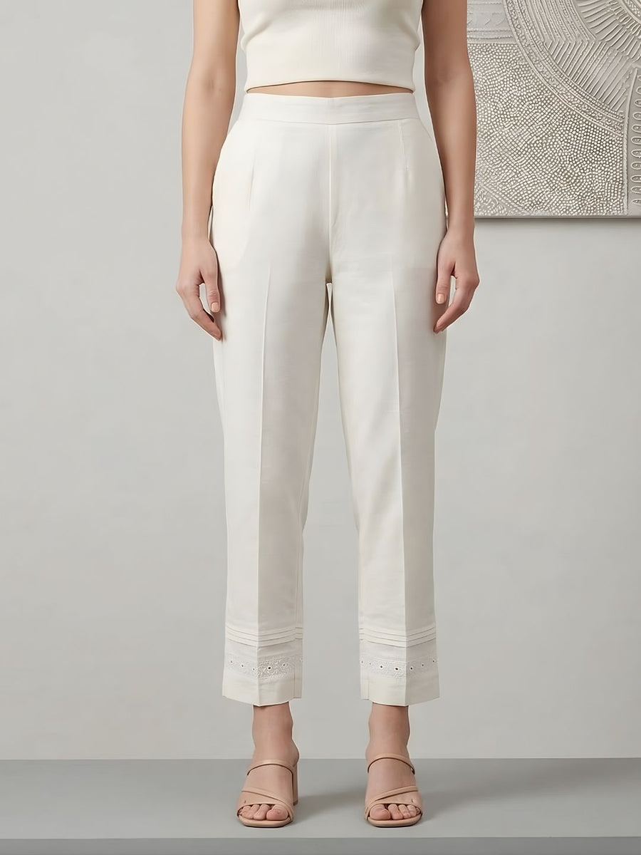 White Cotton Lace Detail Straight Pants for Women – Aaronee