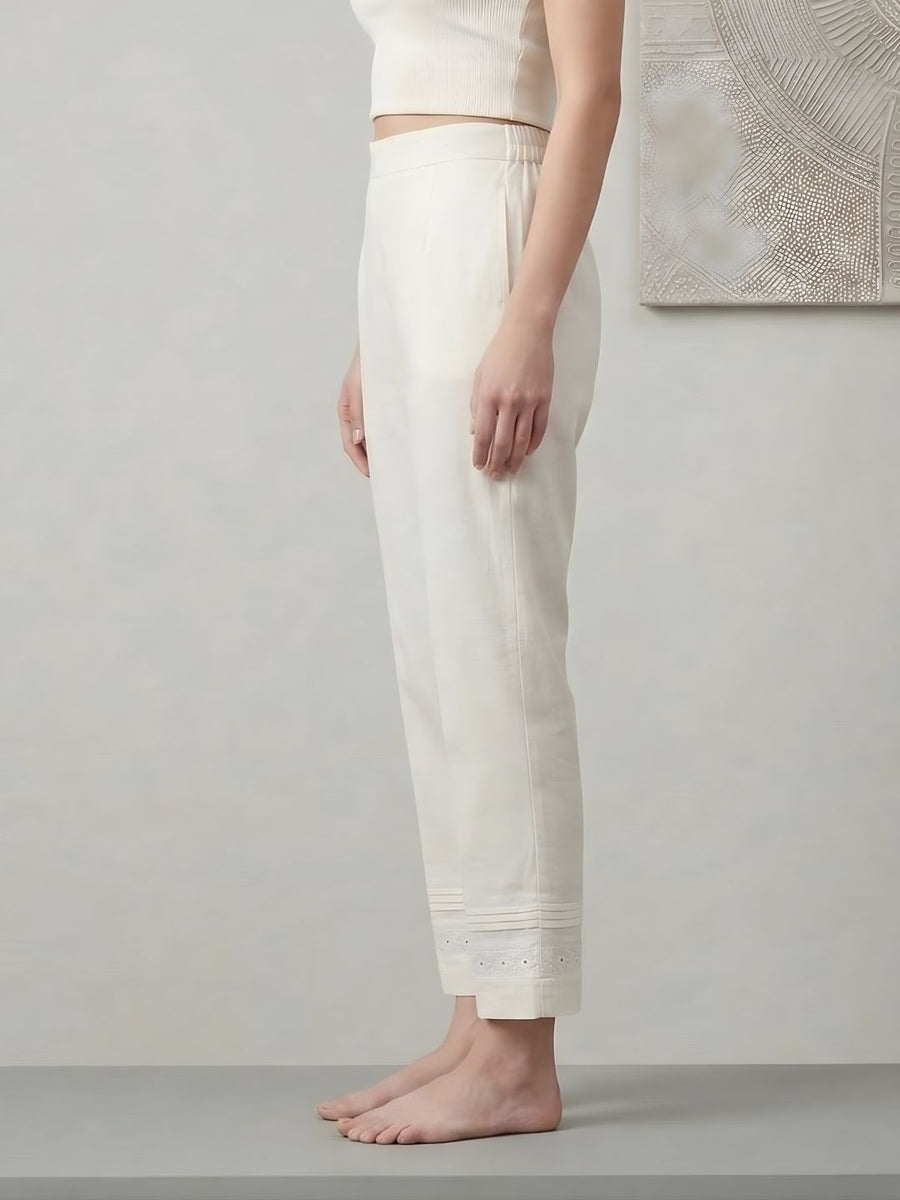 White Cotton Lace Detail Straight Pants for Women – Aaronee