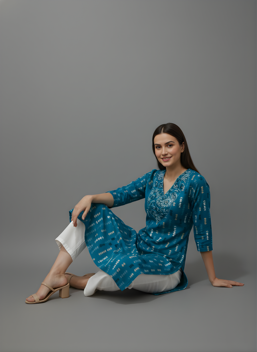 Aaronee Pure Cotton Teal Printed Straight Kurta for Women