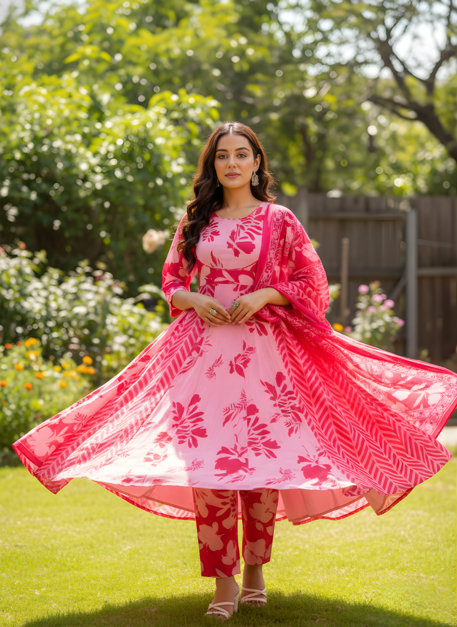 Aaronee Pure Cotton Anarkali Dupatta Set – Elegant Ethnic Flared Suit for Women