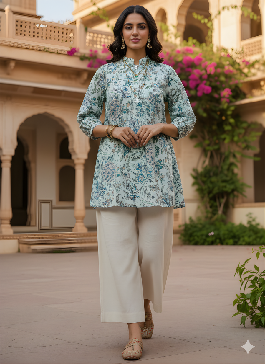 Aaronee Mint Cotton Botanical Print Short Top