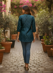 Aaronee Pure Cotton Navy Blue Printed Top for Women – Elegant Everyday Wear