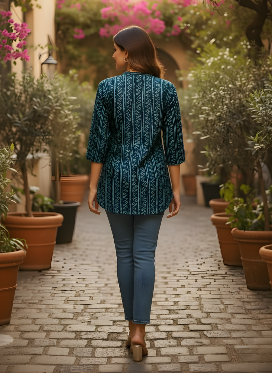 Aaronee Pure Cotton Navy Blue Printed Top for Women – Elegant Everyday Wear