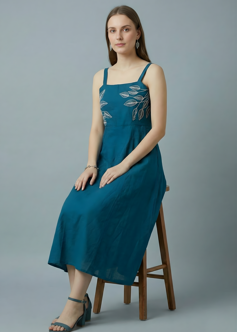 Designer teal cotton midi dress