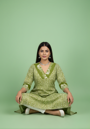 Olive Green Chevron Printed Mul Cotton Kurti with Lining – Elegant Women Ethnic Wear by Aaronee