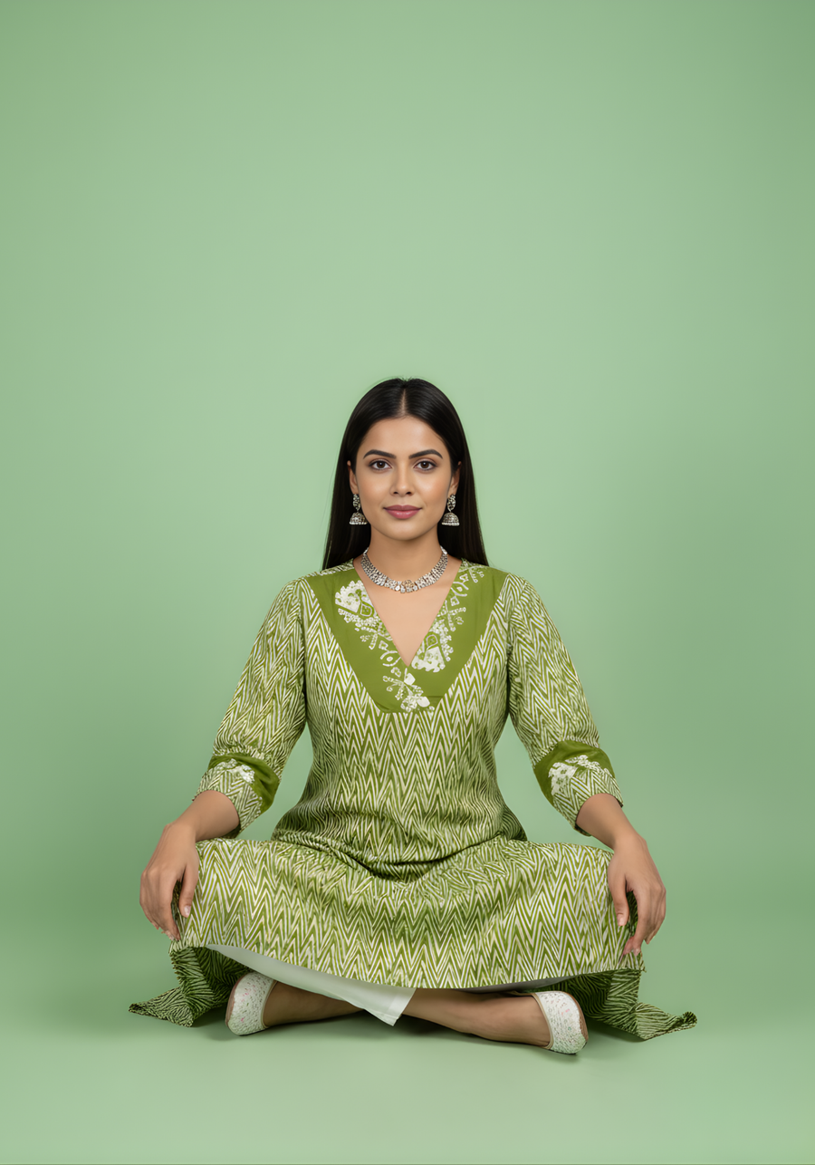 Olive Green Chevron Printed Mul Cotton Kurti with Lining – Elegant Women Ethnic Wear by Aaronee