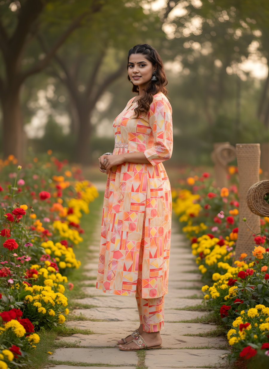 Abstract Print Kurti Set for Women