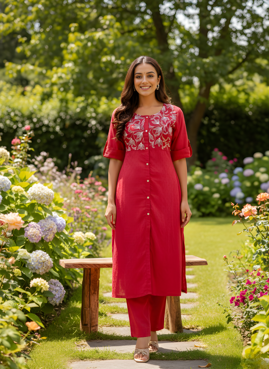 Red Embroidered Kurta Pant Set – Aaronee Ethnic Wear