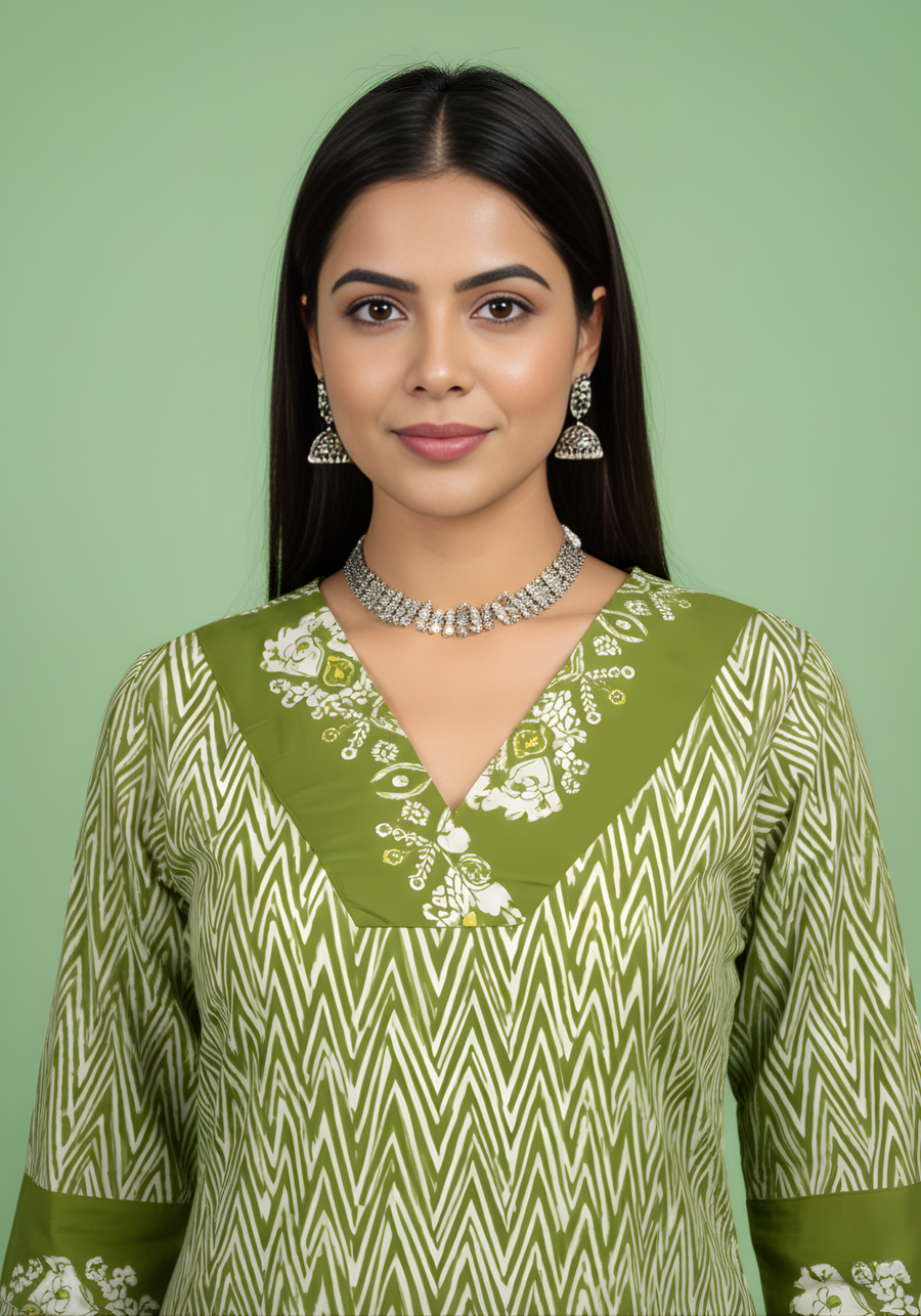Olive Green Chevron Printed Mul Cotton Kurti with Lining – Elegant Women Ethnic Wear by Aaronee