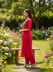 Red Embroidered Kurta Pant Set – Aaronee Ethnic Wear